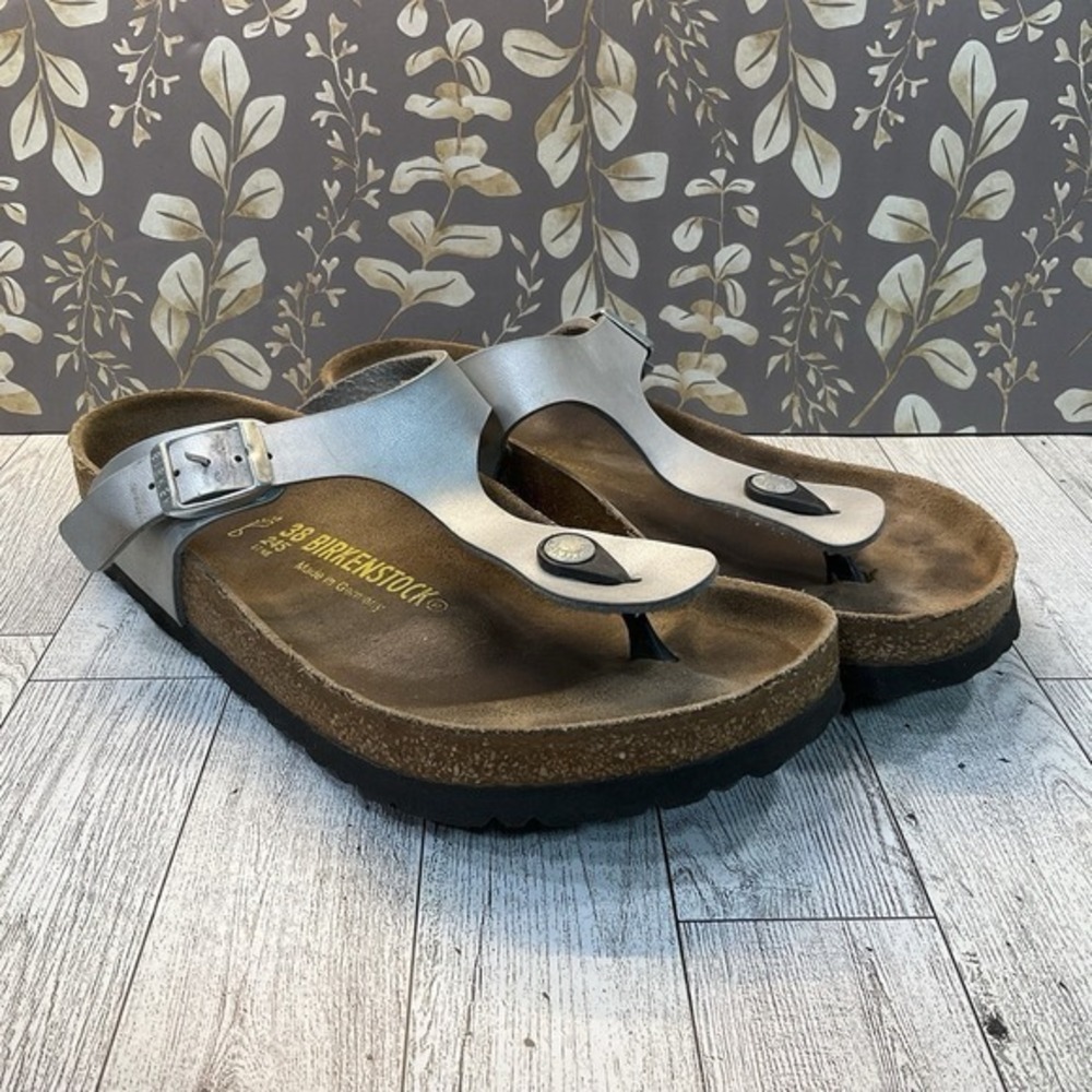 Birkenstock Womens Gizeh‎ Metallic Silver Birko Flor T-Strap Sandals EUR 38 US 7